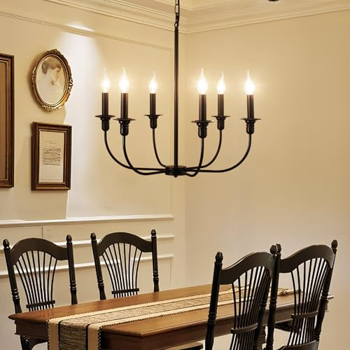 LXWNYY Kronleuchter Schwarz 6 Flammig 64 cm 60W Höhenverstellbar Dimmbar | Vintage Pendelleuchte Wohnzimmer, Modern Esszimmer Lampe Hängend mit E14 Fassung,Hängelampe für Schlafzimmer Küche Flur