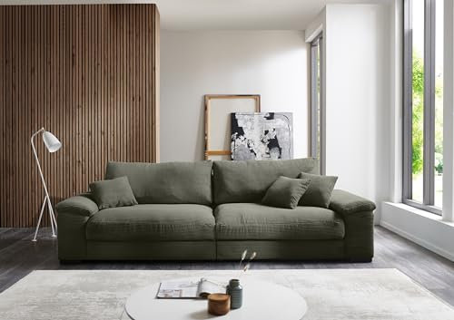möbelando Big-Sofa >Adriena< aus 100% Polyester in Oliv, mit Nosagunterfederung + Polyätherschaum + Daune, Metallfüße in Schwarz Matt Gepulvert - 323x90x177 (BxHxT)