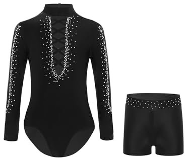 Manyakai Turnanzug Kinder Jungen Gymnastikanzug Glänzend Turntrikot Bodysuit mit Shorts Gymnastik Dancewear Schwarz 134-140