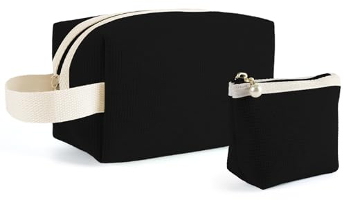 Kytpyi Kosmetiktasche Set, Kulturtasche Damen, 2 Stück Feine Minimalismus Kord Kulturtasche Damen mit Griff Fach, Tragbare Schminktasche Groß für Verabredung Party Reise (Schwarz)