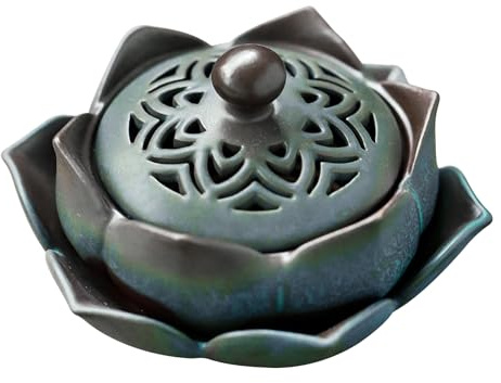 Weihrauchbehälter Retro Weihrauchbrenner Exquisiter Räuchergefäß Räucherstäbchenhalter Räucherschale für Hause Büro Yoga Dekoration, mit Metall Deckel und Feuerfeste Matte (Grün,Lotus-Form)