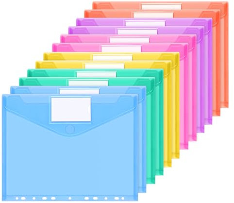 HOMIKLSA Lot de 12 Pochettes A4, 6 Couleurs - Pochettes Imperméables A4 avec 11 Trouss et Poche à Étiquette - Organisateur de Documents pour Bureau, École et Maison