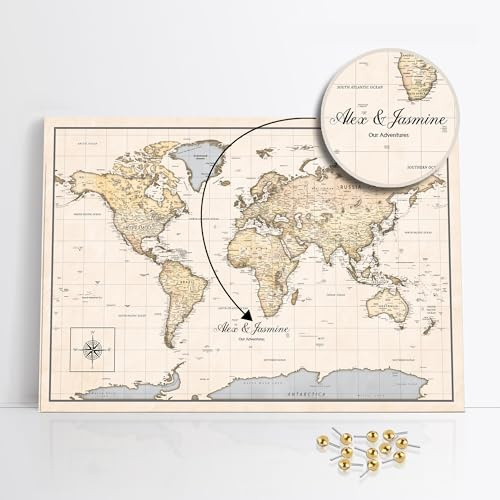 framed concept | Personalisierte Weltkarte mit Pinnnadeln | Handgefertigte Wanddekoration mit 50 goldenen Pins | Einzigartige Geschenkidee
