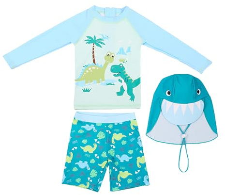Bañador para bebé para niños de 80, 3 piezas, protección solar UPF 50+ para niños pequeños, de manga larga, dibujos animados, traje de baño con gorro de playa, azul claro, 3-4 años