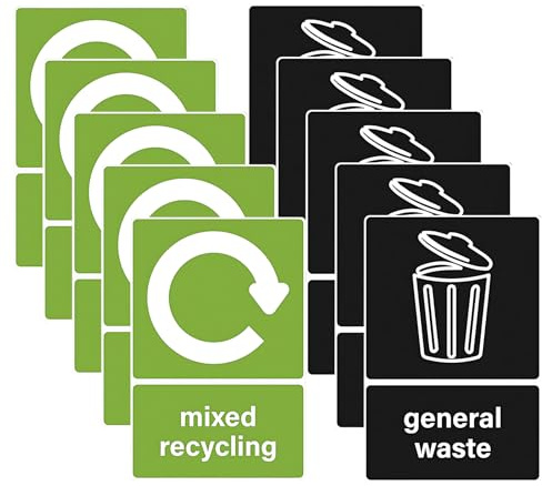 10PCS Recycling Stickers for Bins, Mixed Recycling Sticker, Self Adhesive PVC 150 x 100mm, Waterproof General Waste Decals Removable Mixed Recycling Signs for Outdoor Kitchen