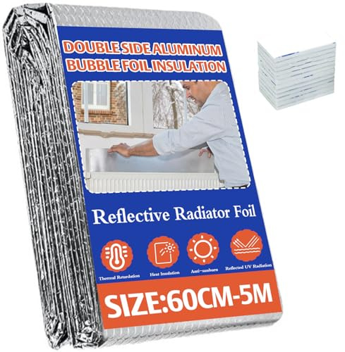 Radiator Bubble Foil Insulation 5m x 60cm – Radiator Reflector with 12 Sticky Pads, Heat Reflective Aluminum Foil for Walls, Roof & Pipes, Energy Saving Thermal Barrier, Easy Cut & Install