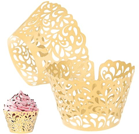 M METERXITY 50erPcs Cupcake-Hülsen Perlmutthochglanzpapier Wassertropfen-Spitze Ausgestanzte Cupcake-Einsätze Für Hochzeit/Geburtstagsfeier-Dekoration Backpapier[Weißgold]