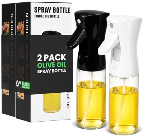 BOKKY Olive Oil Sprayer for Cooking 2 in 1, 220ml Glass Olive Oil Spray Bottle with Continuous Fine Mist, Food Grade Oil Sprayer for Air Fryer, Salad, BBQ, Baking, Frying (Black & White / 2 Pack)