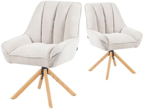 DUBI Möbel Esszimmerstühle 2er Set 360° drehbar mit Rückstellfunktion, Taschenfederkern, hoher Sitzkomfort, bis 150 kg belastbar, Stoff Creme, Eiche Massivholzgestell geölt (Natur), Mika-Leon
