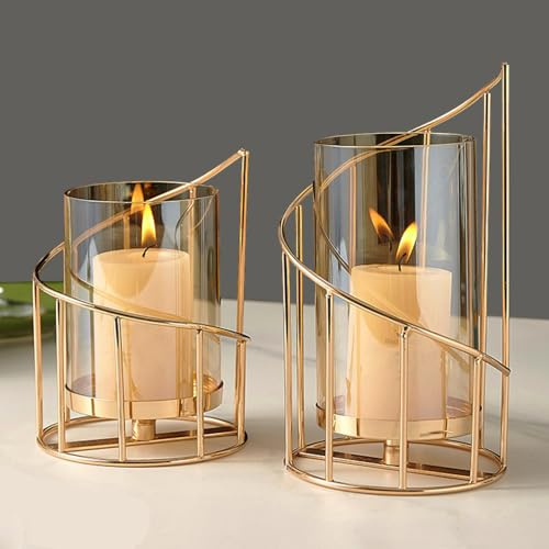 Hurricane Candle Holder & vase Dual-use: Vintage Tealight Holder Decor with Glass Set of 2- Decorative Gold Candle Holder Planter Vase Pot for Pillar Candles Wedding Christmas Dining Table Centerpiece
