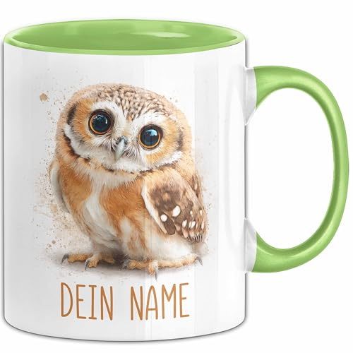 Eulen Tasse mit Namen – Personalisierte Kaffeebecher Tiermotiv Geschenkidee Mädchen Junge (Grün)