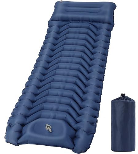 HAUSPROFI Colchoneta aislante para camping, ultraligera, colchón de aire con bomba de pie y almohada, colchón inflable, compacto y ligero, esterilla de camping para senderismo, playa, exterior, azul