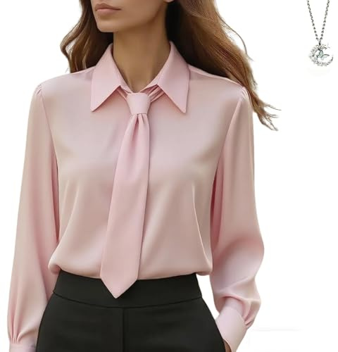 WXDTW Chemisier Élégant en Satin pour Femme avec Nœud - Chemise Longue Manches en Soie pour Invitée de Mariage et Tenue Décontractée Professionnelle, rose, L