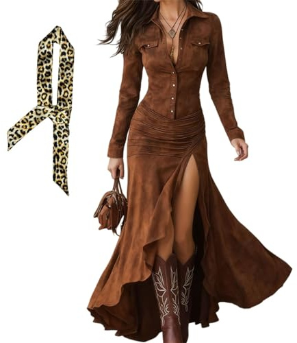 Abito da donna vintage in pelle scamosciata western, scollo a V, a maniche lunghe, con bottoni, abito da cowgirl in finta pelle scamosciata, Caramello, S