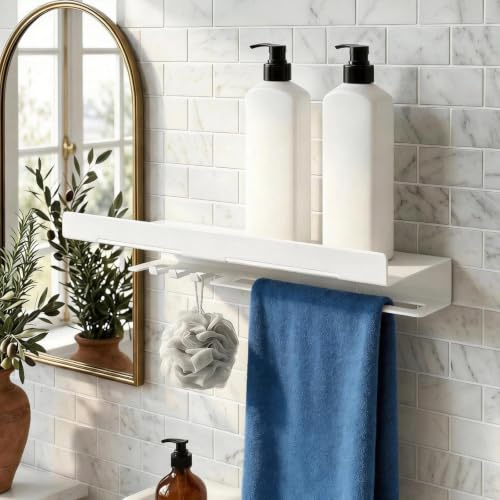 WJUAN Estanteria para Baño 40 cm, Blanco Repisas para Baño - Estanteria Ducha con 4 Ganchos Pequeños y Toallero, Multifuncional Estantes de Pared, para Baños, Cocina, Salón