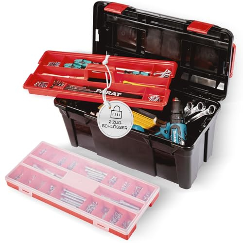 PARAT PROFI-LINE Allround XL Werkzeugkoffer leer 30 L | Robuster Koffer aus Polypropylen mit Einsatz & Kleinteile-Magazin | Mit Tragegriff & Schloss-Vorrichtung | Integriertes Lineal im Deckel
