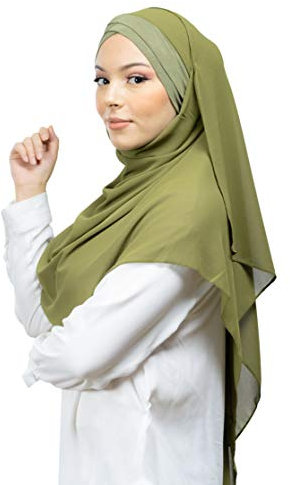 Lamis Hijab - Fertiger Hijab Schal Kopftuch zum Überziehen, gekreuzt, mit integriertem Bonnet-Untertuch, für muslimische Damen, islamischer Schal Gr. Einheitsgröße, grün - vert khaki