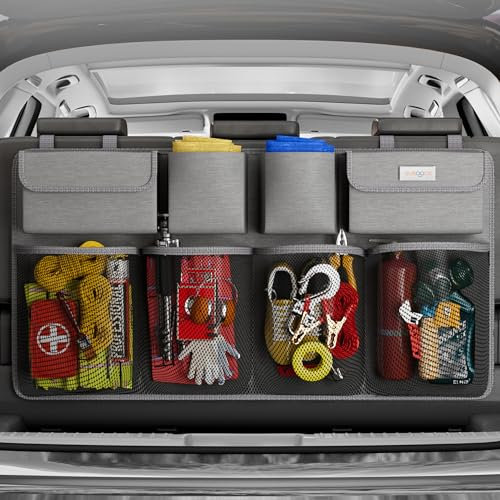 SURDOCA Car Boot Organiser 3rd Gen [7 times Upgrade] Super Capacity Car Organiser, Equipped With [Robust Elastic Net & 4 Magic Stick] Car Boot Tidy Storage Bag, Space Saving Exper,Cation Grey