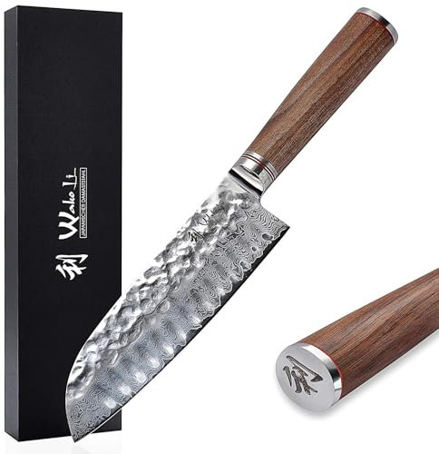 Wakoli Nussbaum Damast Santokumesser | 17,5 cm Klinge aus 67 Lagen Damaststahl mit VG10-Kern | ergonomischer Nussbaumholzgriff | für Fleisch, Fisch & Gemüse | in Geschenkbox für Profi- & Hobbyköche