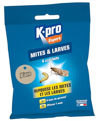 K.PRO Crochets anti-mites des vêtements lot de 4 | Repousse mites et larves, 1 mois d'efficacité, base géraniol, fibre de bois, ne tache pas, intérieur