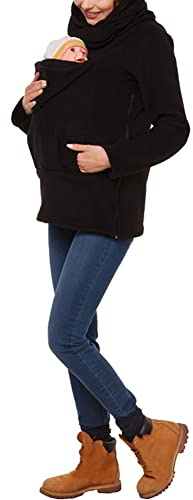 amropi Tragejacke für Mama und Baby 3 in 1 Damen Langarm Kapuze Känguru Umstandsjacke Warm Tragepullover mit Babyeinsatz Schwarz,XL