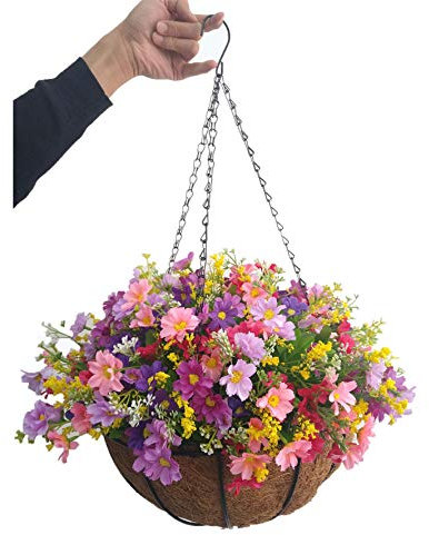 Home and Outdoors Silk Chain Hanging Basket Flowerpot Flowers DIY Artificial Daisy Red Flowers and Pink Flowers Purple (Big Basket)