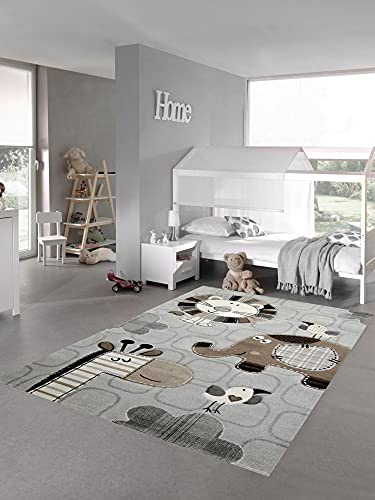Kinderzimmer Teppich kreisförmig Spielteppich Zootiere Löwe Elefant Vögel Giraffe grau braun Creme, Größe 160 cm rund
