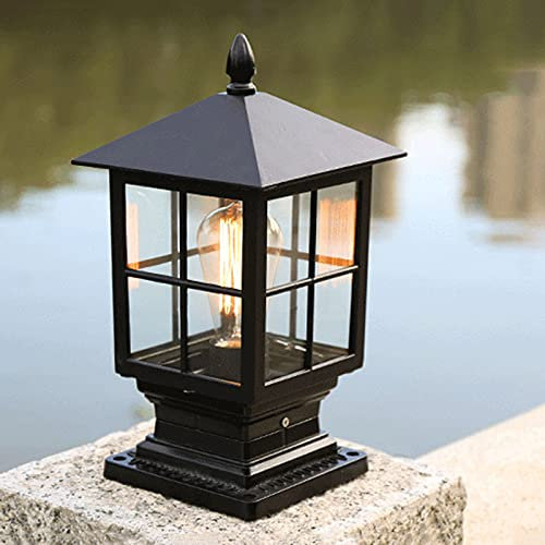 Außen Sockelleuchte Retro E27 Schwarz Gartenleuchte Aluminium und Glas Rasen Terrasse im Freien Tischleuchte Säulelampe IP54 Wasserdichte Villa Balkon Pfosten Zaun Wegeleuchte 18.5 * 15 * 35.5 cm