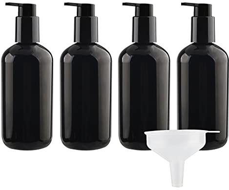 ZEOABSY 4 Stück Leere Schwarz Flaschen aus PET-Kunststoff 300 ml Leere Flaschen Seifenspender Lotionspender Badzubehör mit Weißen Lotion-Pumpen + 1 x Trichter