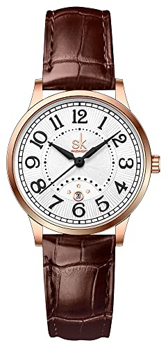 SHENGKE SK Business Klassische Damenuhr mit echtem Leder, Edelstahlband, Elegante Damenuhr