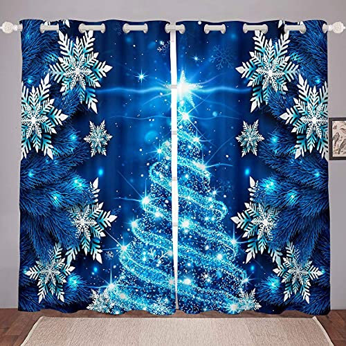 Tende per finestre con albero di Natale, colore blu, a tema natalizio, eleganti tende invernali a forma di fiocco di neve, per ragazze, figlie, camera da letto, decorazione per ragazze e bambine, con