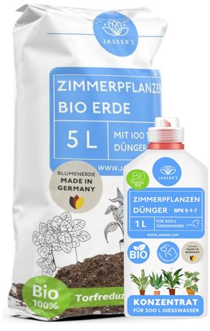 JASKER'S Zimmerpflanzen Erde 5 L + 250 ML Dünger für - Aus 100% nachwachsenden Rohstoffen - Blumenerde und Grünpflanzen mit Wurzelaktivator -, (BLU-ZIM-1009)