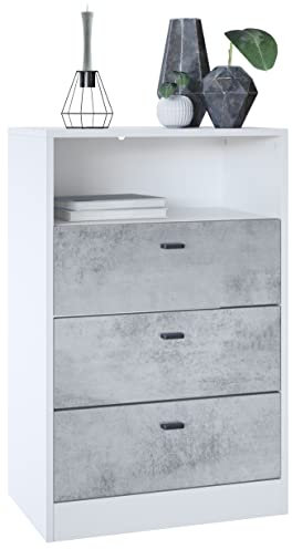 Vladon Kommode Pino V2, Made in Germany, Anrichte mit 3 Schubladen & 1 offenem Fach, Weiß matt/Beton Oxid Optik (56 x 86,5 x 36 cm)
