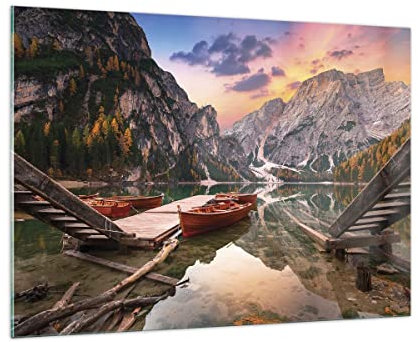 Bilder auf Glas 100x70cm Glasbild Boote Berge See Groß Wanddeko Bild im Glas Schlafzimmer Küche Deko Wandbilder Dekoration Wohnzimmer Modern Wall Decor Glasdruck Wand Kunstdruck Art GAA100x70-4638