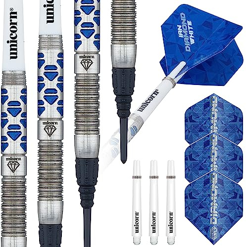 Unicorn Dartpfeile Set | Ian 'Diamond' White Maestro Phase 2 | 70% natürliches Wolfram Barrels mit blauen Diamantakzenten | Epic Soft Tips | 18g