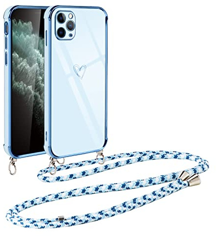 Vauki handyband für iPhone 11 Pro Hülle mit Band, Handyhülle mit Kette, Herz Motiv, Ultra Dünn Stoßfeste Aesthetic Case mit Kordel zum Umhängen für iPhone 11 Pro 5.8 Zoll, Blau