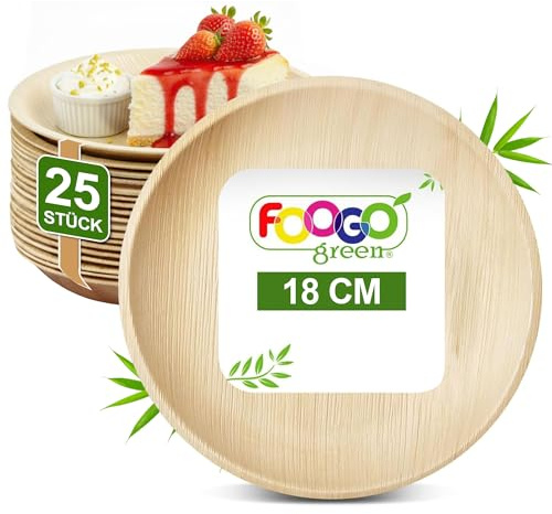 FOOGO Green 25pcs Assiettes Jetables Feuille de Palmier, 18cm Petites Rondes, Écologique Biodégradable Compostable Comme Assiettes Bois, Bambou, Papier, Plats Chauds, Mariage, Pique-Nique, Fête