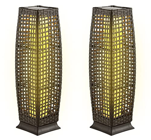 Tangkula 2-Piece Outdoor Solar Powered Floor Lamps, IP65 Waterproof Wicker Floor Lamps with Auto On/Off LED Light, Outdoor Decorative Lanterns for Garden Patio Porch Deck Pathway (Cross-Mix Brown)