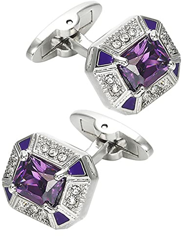 Jonwo Rectangle Crystal Silver Cufflinks for Men Lady Shirt in Gift Case | Purple/Blue/Transparent Crystals Men's Cuff Links Set Jewelry for Wedding Party Daily Office Formal Casual Business Dress