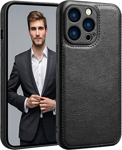 SOUTEM für iPhone 13 Pro - Leder Hülle, Vintage PU-Leder Luxus Business Kamera Rahmenschutz, Weiche rutschfeste Griff Anti-Kratzer Stoßfeste Hülle (Schwarz)