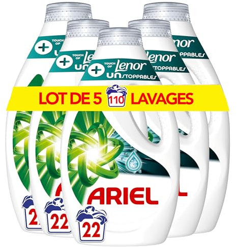 Ariel Lessive Liquide, 110 Lavages (5x22), Unstoppables Touche de Lenor, Nettoyage Intense et Plus De Fraîcheur, Offre Une Sensation De Fraîcheur Qui Dure Jusqu’à 1 Semaine, Fabriqué En France