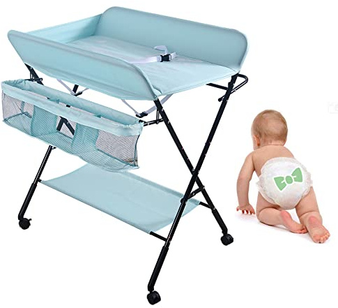 Fasciatoio Pieghevole per Neonato con Struttura Stabile,Fasciatoio per Bambini, Salva Spazio, per Cambio Pannolino,4 ruote con freno,Fasciatoio Portatile con Scomparti Portaoggetti (80*66*98cm-Blu)