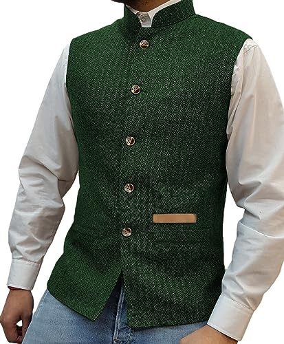 Yiaisafa Jagd Herren Stand-Up Kragen Mock Tweed Westen Retro Herringbone Weste Vintage Hochzeit Gilet Wollen Bräutigam