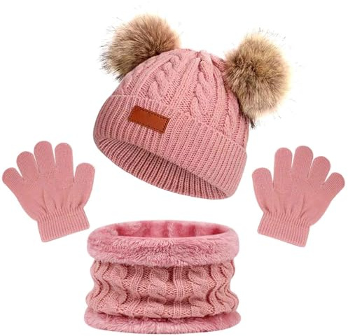 AWAVM 3 st vintermössa och halsduk, barnhandskar, stickad halsringning med foder, barnmössa vinter med tofs, vinterset för flickor och pojkar 2–6 år, rosa, No