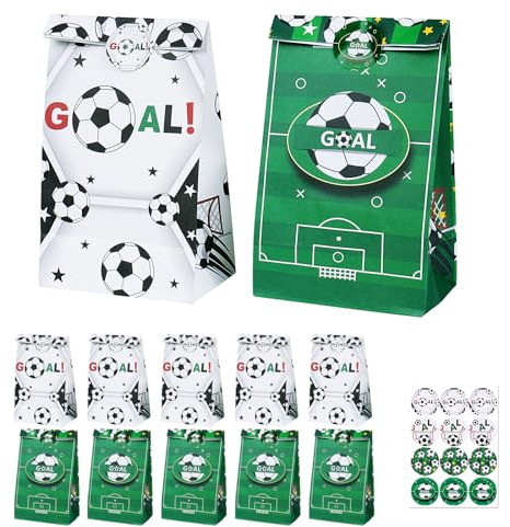 12Stk Geschenktüten Fussball Papiertüten Geburtstagstüten mit 12 Aufkleber | Weiß Grün Mitgebsel Tüten Partytüten für Tüten Fußball Deko Geburtstag Kinder Mottoparty Giveaways Fussball Mitgebsel Jungen