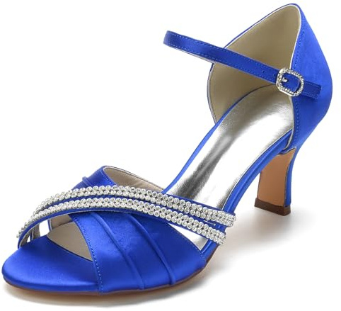 Hanfike Sandalias de fiesta para mujer con diamantes de imitación de tacón bajo para boda, zapatos de noche JY107, azul real, 37 EU