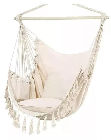 Hängematte, Schaukel, Outdoor und Indoor Hängematte mit 2 Kissen, Tasche und Hängeset, Tragbarer Hängesessel (Beige)
