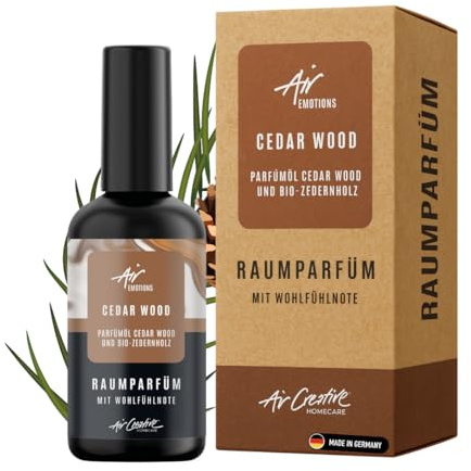 Air Creative Raumduft Cedar Wood - Raumparfüm mit BIO Zedernholz - edler Mix aus Parfümöl und echtem Zedernholzöl - Kombiniert zu einem hochwertigen Raumspray in schöner schwarzer Flasche