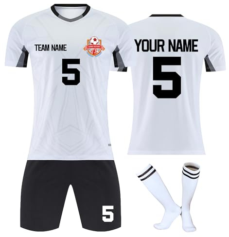 Faletony Personalisiertes Fussball Trikot Kinders Erwachsene Fußball Shirt & Shorts Set mit Name Nummer Benutzerdefiniert Trikot Fußballtrikot, Weiß+Schwarz