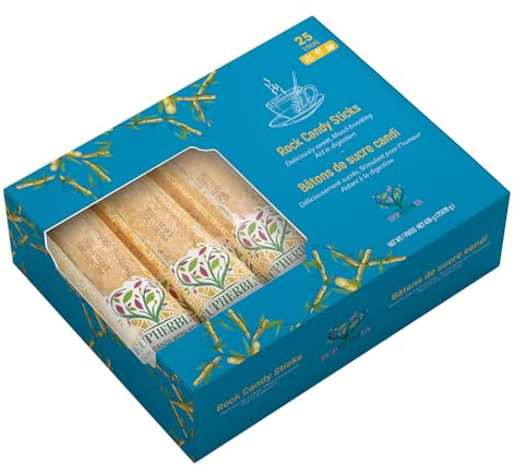 EUPHERBIA Rock Candy Sticks, 25 Pack, Crystalline Handcrafted Sweetness, Premium Sugar Rock Candy (Nabat), Ideal for Tea, Coffee, Milk, and All Your Favorite Hot Beverages, 16 Oz, 450 Gram (25x18g)